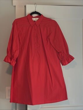 Anna Cate Collection Red Collared Shirt Dress with Ruffle Sleeve Detail